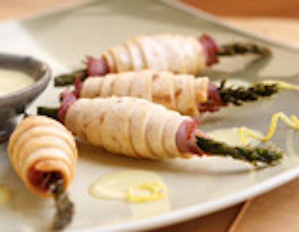 Serrano and Tortilla Blanketed Asparagus