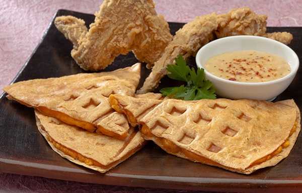 Cheddar Waffle Quesadillas with Fried Chicken Wings