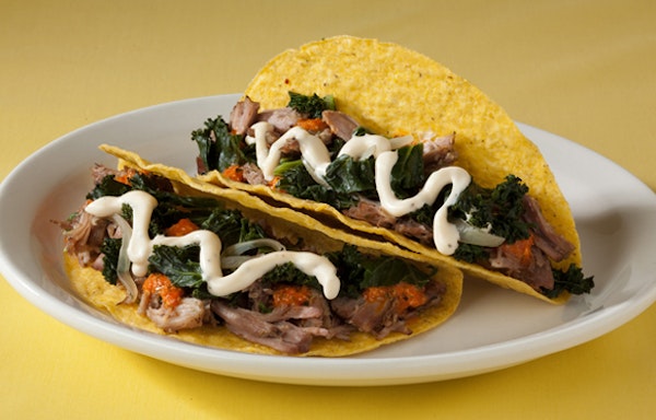 Pork Confit Tacos with Piquillo Pesto &amp; Braised Kale