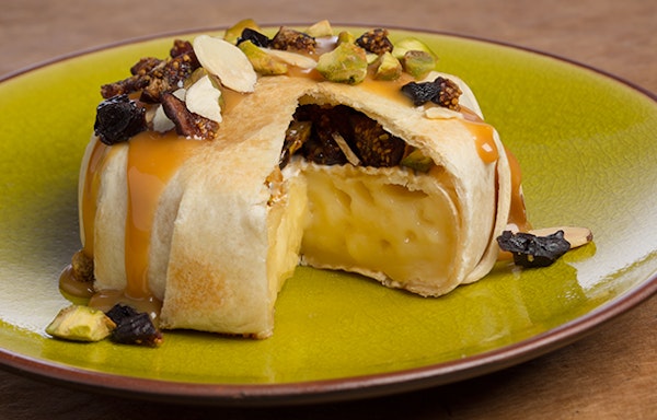 Baked Tortilla Wrapped Brie with Cajeta Sauce