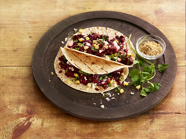 Daal Beet Tacos with Fresh Corn and Cotija